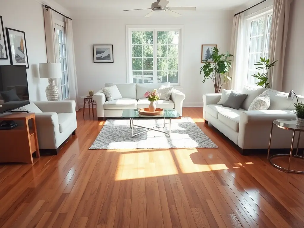 A bright and clean apartment living room after an end-of-tenancy cleaning service, showcasing spotless carpets and gleaming windows, emphasizing the thoroughness of CMH Cleaning's service.