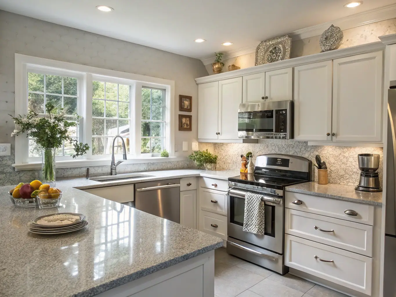 A sparkling clean kitchen with stainless steel appliances and a spotless countertop, illustrating the effectiveness of CMH Cleaning's deep cleaning service in removing grime and dirt.